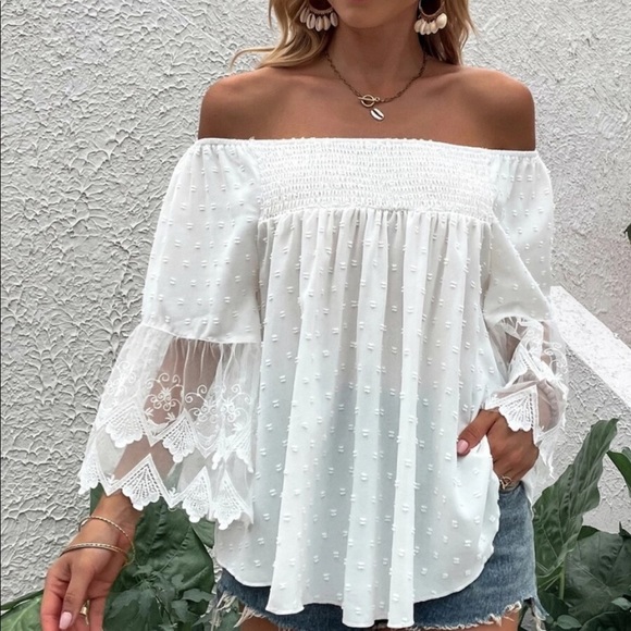Tops - Boho Swiss Dot Off Shoulder Mesh Sleeve Blouse
